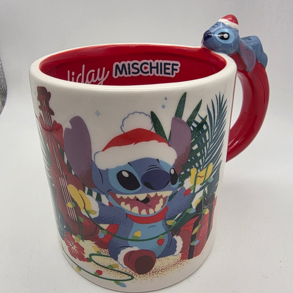 Disney Lilo & Stitch Holiday Mischief Coffee Mug 3D Sculpted Handle Santa Hat